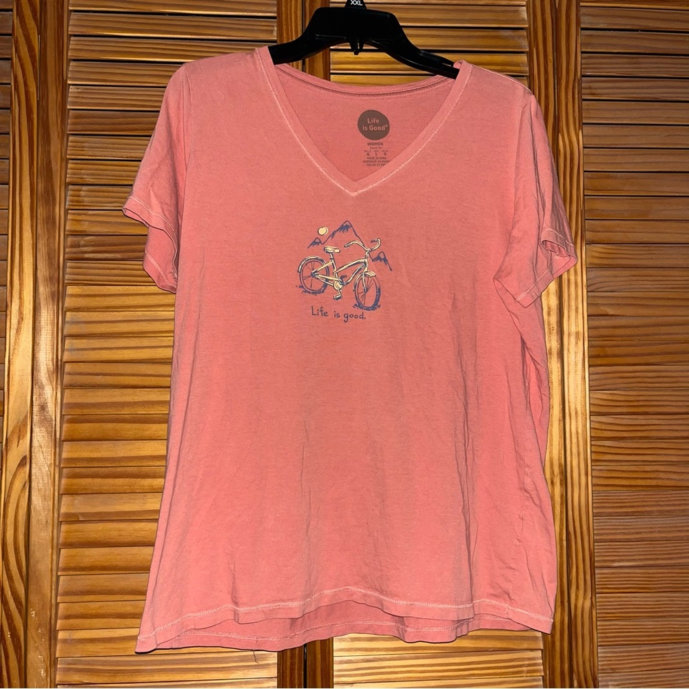 Life‎ is Good V Neck Cotton Short Sleeve Bicycle Graphic Tee Shirt Size Large